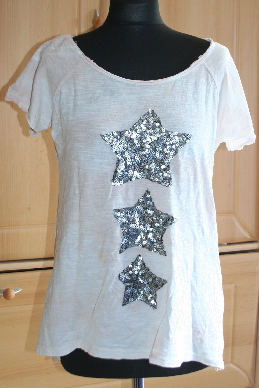 T-Shirt rosa-weiß mit Pailletten Sternen Gr. S/38