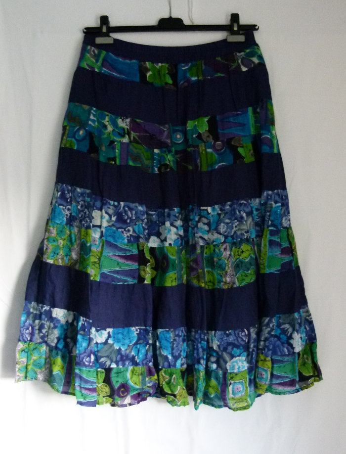 Stufen Rock, royalblau mit Blumenmuster, Boho Retro Vintage Goa Festival Lagenlook Landleben Mori Cottagecore