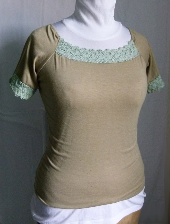 Shirt mit Häkelborte, oliv khaki pastellgrün, Boho Mori Lagenlook Goa Festival 