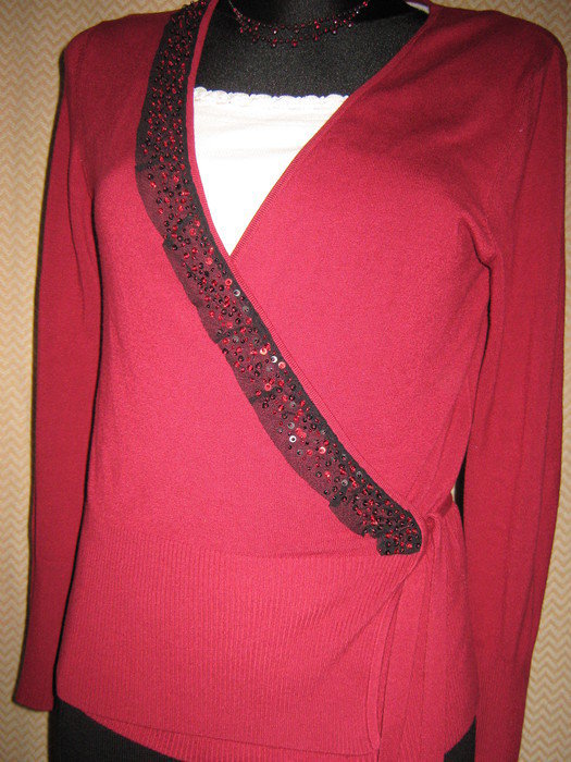 NEU * DESIGNER * Glitzer * Pailletten * Feinstrick * Wickel * Pullover * Strick- Jacke * Cardigan * Gr. 38- 40/ S- M * kirsch- rot *
