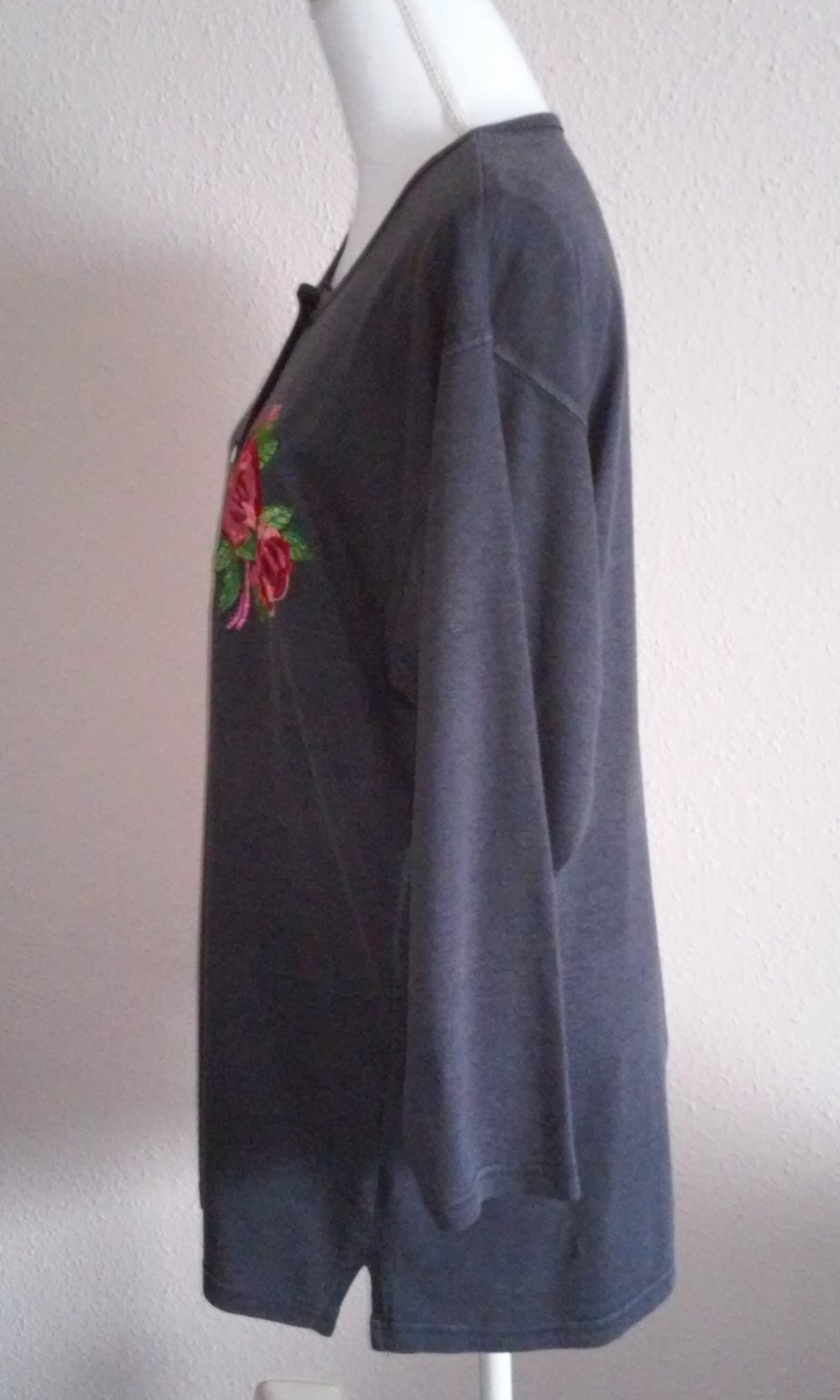  Damen Shirt Langarm T-Shirt Longshirt Rundhals Ausschnitt Knopfleiste anthazit/blau
