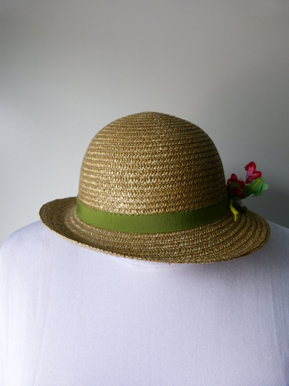 Strohhut mit grünem Band und Blümchen, Sommer Mori Boho Goa Festival Hippie Retro Vintage Cottagecore