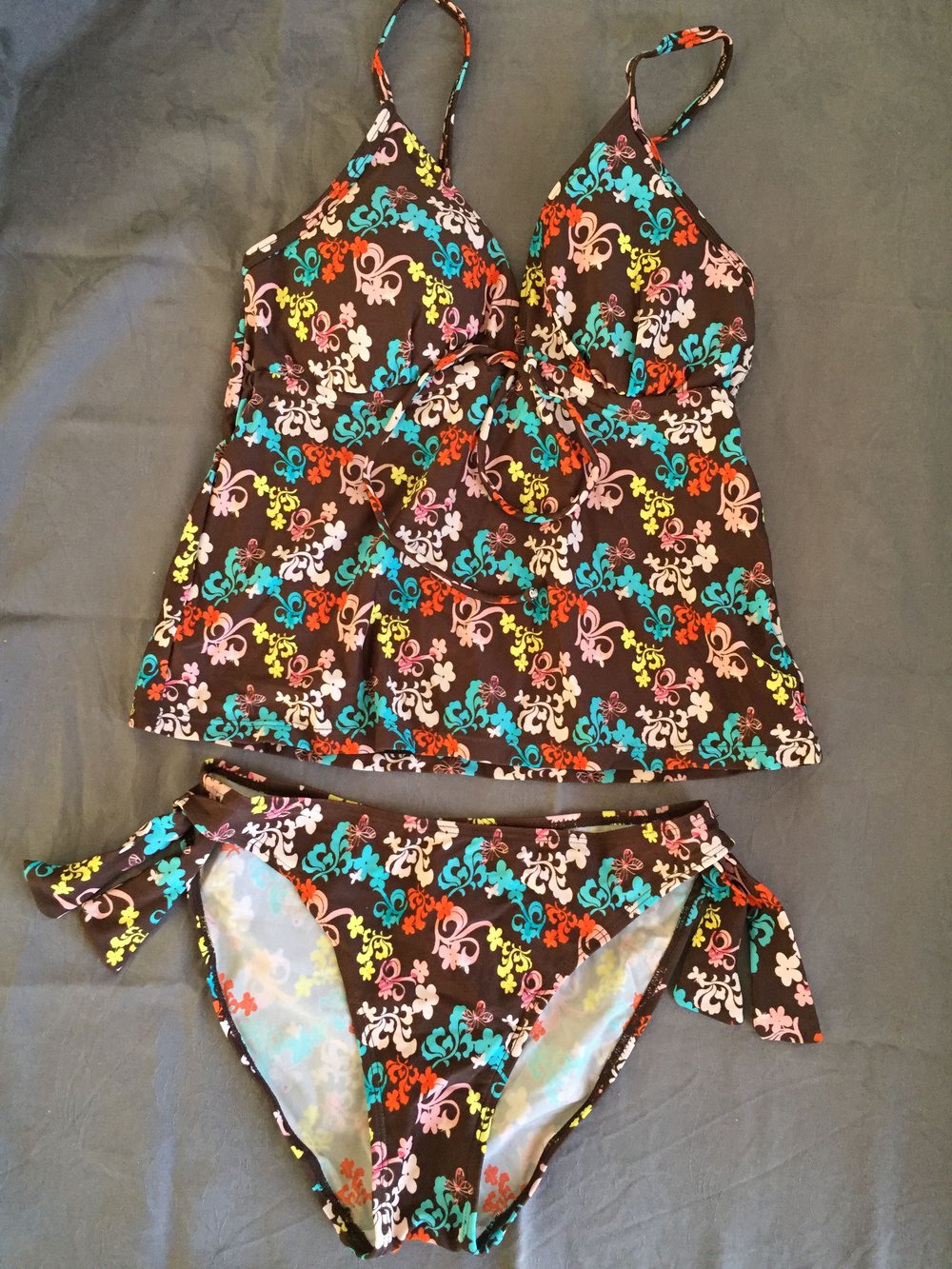 Süßer verspielter Tankini Bikini 36 Retro Vintage braun Flower Power Zweiteiler