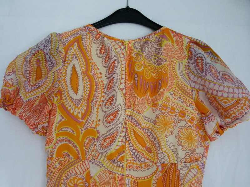 Empire Sommer Kleid aus den 70ern, bodenlang, orange  flieder gemustert, Boho Hippie Vintage Paisley 70s Retro Goa Strand