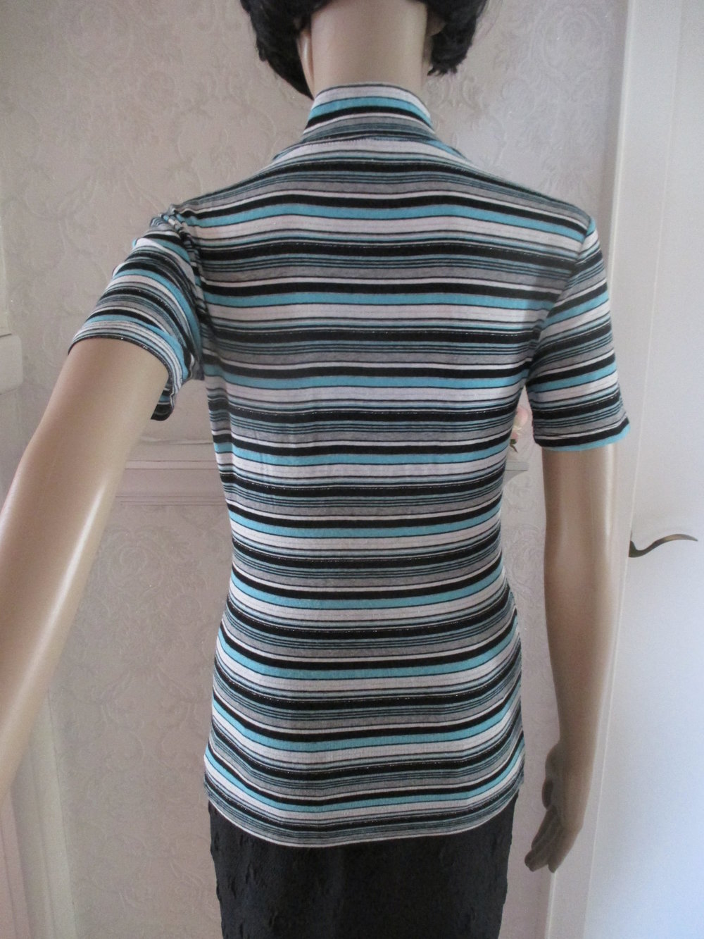 NEU * Glitzer- Lurex * DESIGNER * Kurzarm * Halbarm * Feinstrick * wie Rollkragen * Bodycon * Pullover * Gr. 36- 38/ S * schwarz * türkis * silber *