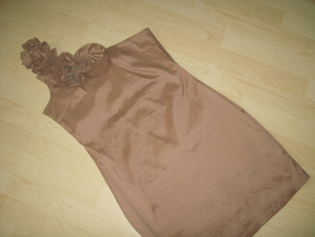 Festliches Mini Kleid, Stretch One Shoulder Gr.M/L, Cocktailkleid kurz nudefarben, Minikleid seidig glänzend Rosed Abiball, Hochzeit, Abendkleid 40/42 Offshoulder 