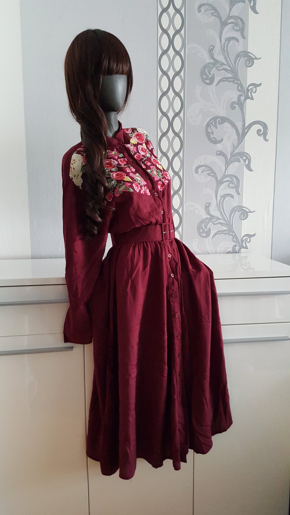 True Vintage langes Blumen Kleid Rot Weinrot Nostalgie mit Gürtel 40 M / L 