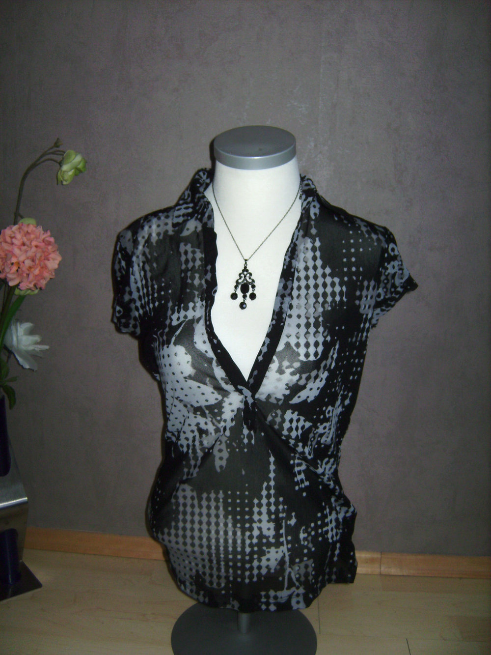 Tunika Mexx, Bluse, Hemdbluse, Gr. 38, Tunika Stretch  Oberteil Transparent  Shades of grey Shirt, InPrint Retro Mustermixprint