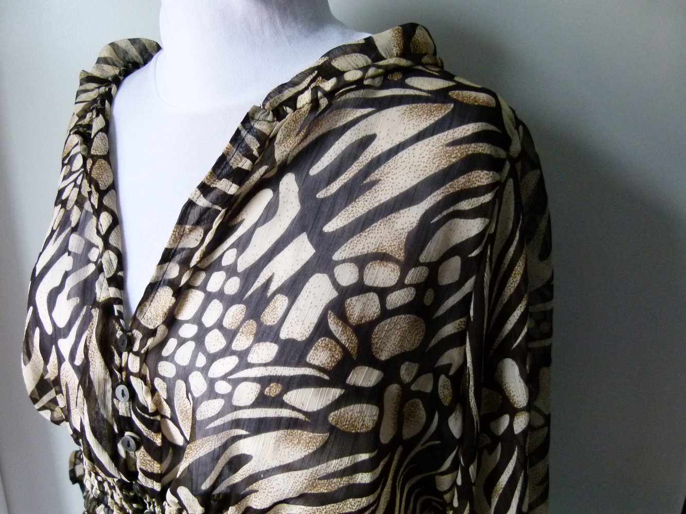 Chiffon Bluse Tunika im Leo-Look, Animalprint, braun nude, Boho Mori Goa Festival Sommer Strand Lagenlook