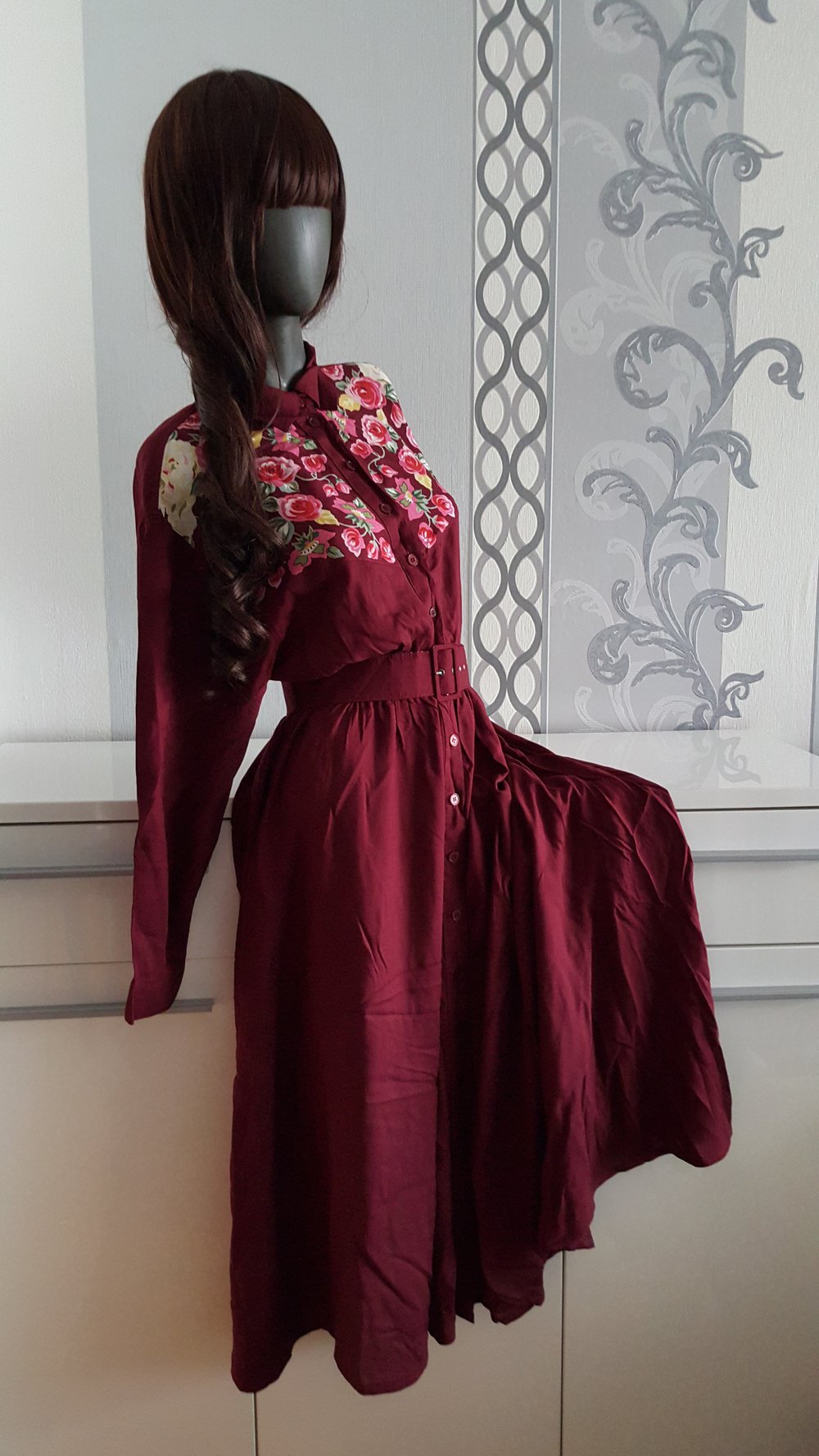True Vintage langes Blumen Kleid Rot Weinrot Nostalgie mit Gürtel 40 M / L 