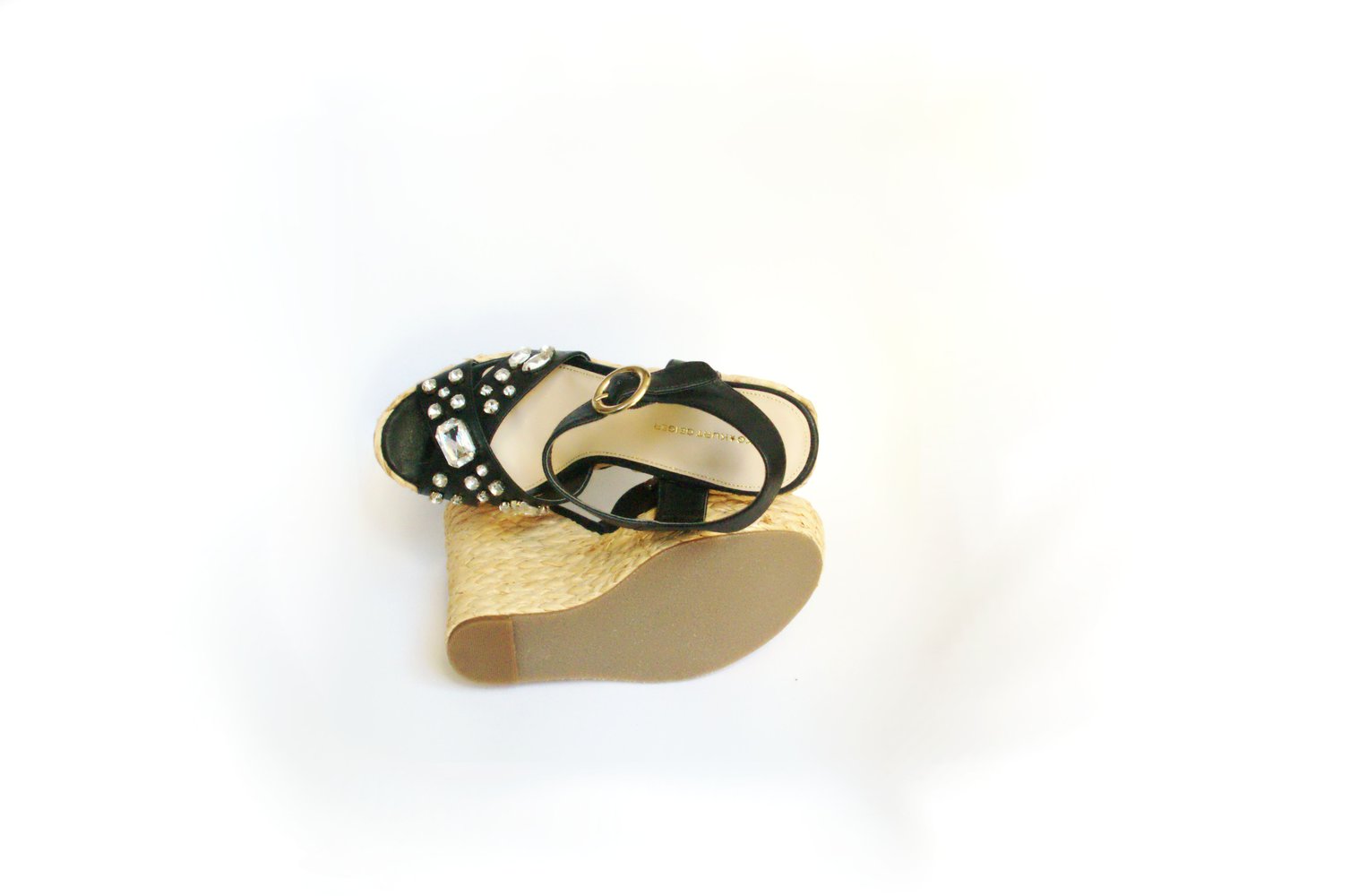 Auffällige Kurt Geiger Wedge High Heels Gr. 40 Bast vegan Leder strass retro Keilabsatz Sandalen