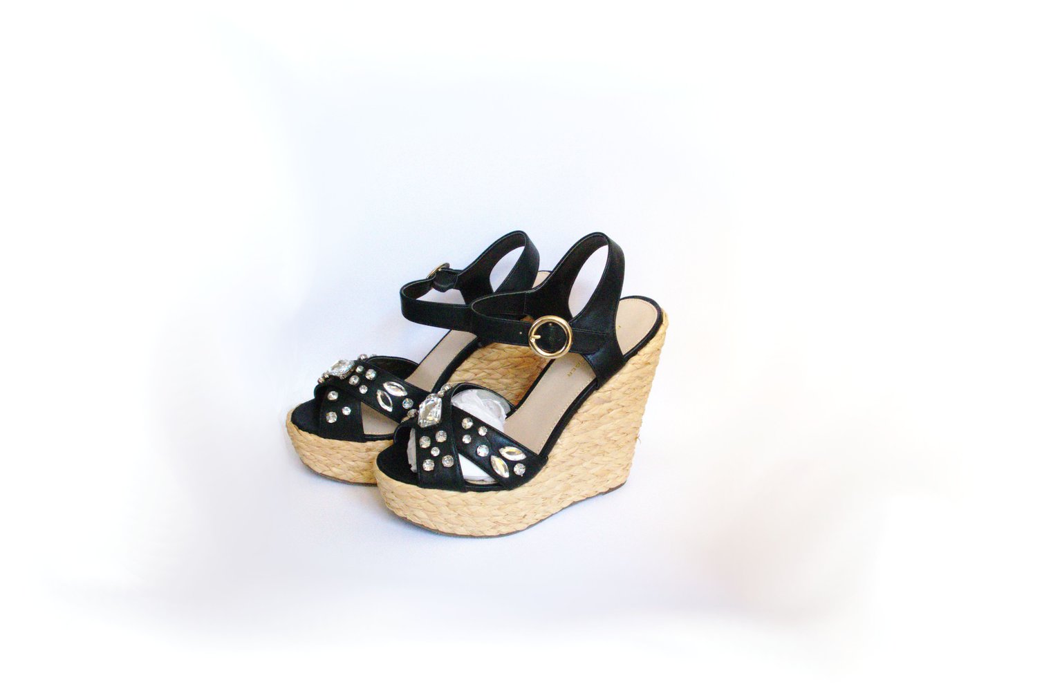 Auffällige Kurt Geiger Wedge High Heels Gr. 40 Bast vegan Leder strass retro Keilabsatz Sandalen