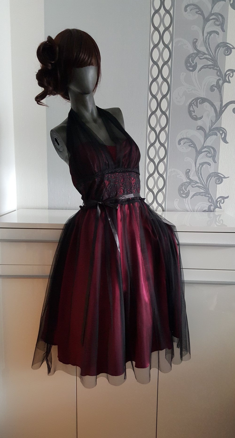 Kleid Abendkleid Ballkleid 42 XL Tüll Weinrot Schwarz Neu