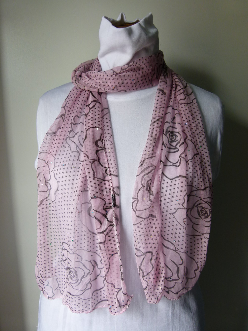 XL Halstuch Schal, rosa schwarz mit Rosenmuster und Glitter, Boho Mori Romantik Lagenlook