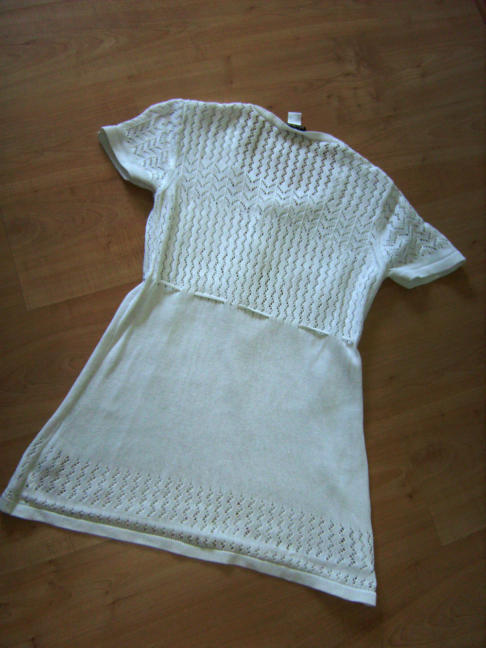 Strick, Pulli, Tunika weiss Gr. 44/46 Kurzarm Longpulli,Lochstrickmuster, Bohemian, Summertime Oberteil Kleiderlänge