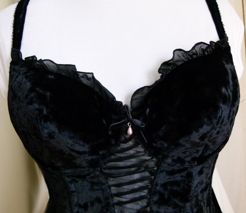 Samt Corsage Korsett, schwarz. mit Zierschnürung & Mesh Rüschen, NEU, Gothic Mori Romantik Boho Festival Goa Festlich Velvet