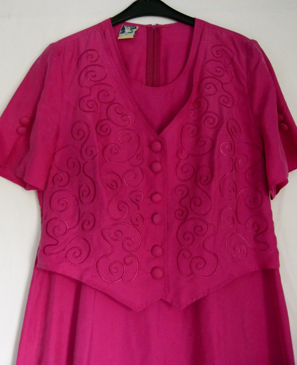 Seiden Kleid, pink fuchsia, mit Rankenapplikation, Boho Vintage Retro Hippie Edel