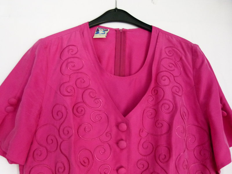 Seiden Kleid, pink fuchsia, mit Rankenapplikation, Boho Vintage Retro Hippie Edel