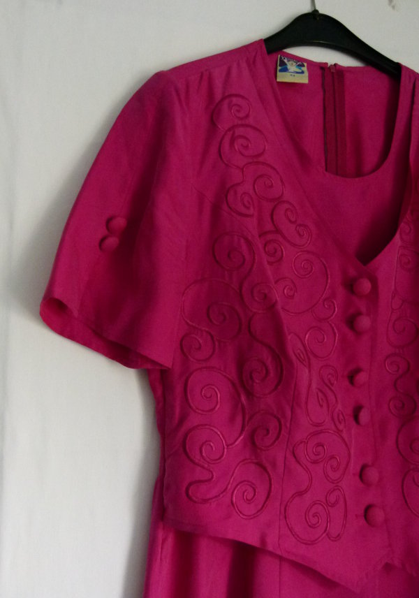 Seiden Kleid, pink fuchsia, mit Rankenapplikation, Boho Vintage Retro Hippie Edel