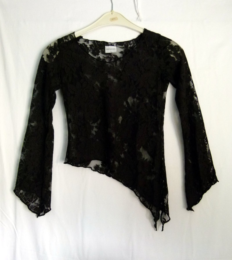 Zipfeliges Spitzen Oberteil Shirt, asymmetrisch, Stretch, schwarz, florales Muster, Gothic Mori Boho Goa Festival Festlich Hippie