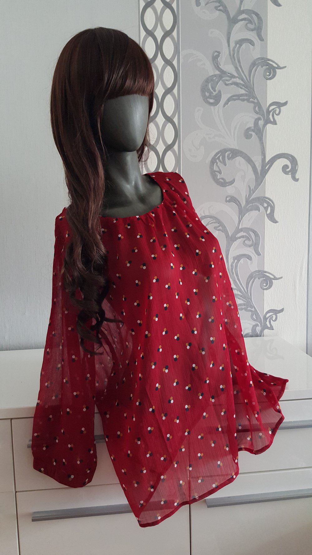 Schöne rote Bluse mit bunten Muster 40 42  L XL