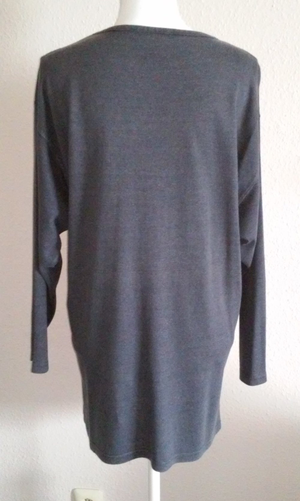  Damen Shirt Langarm T-Shirt Longshirt Rundhals Ausschnitt Knopfleiste anthazit/blau