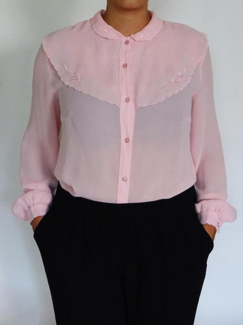 Rosa Vintage Bluse 80er Transparent Bubikragen Gr. M