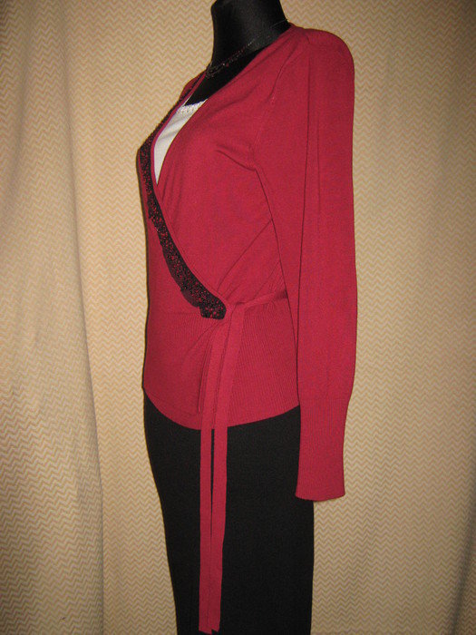 NEU * DESIGNER * Glitzer * Pailletten * Feinstrick * Wickel * Pullover * Strick- Jacke * Cardigan * Gr. 38- 40/ S- M * kirsch- rot *