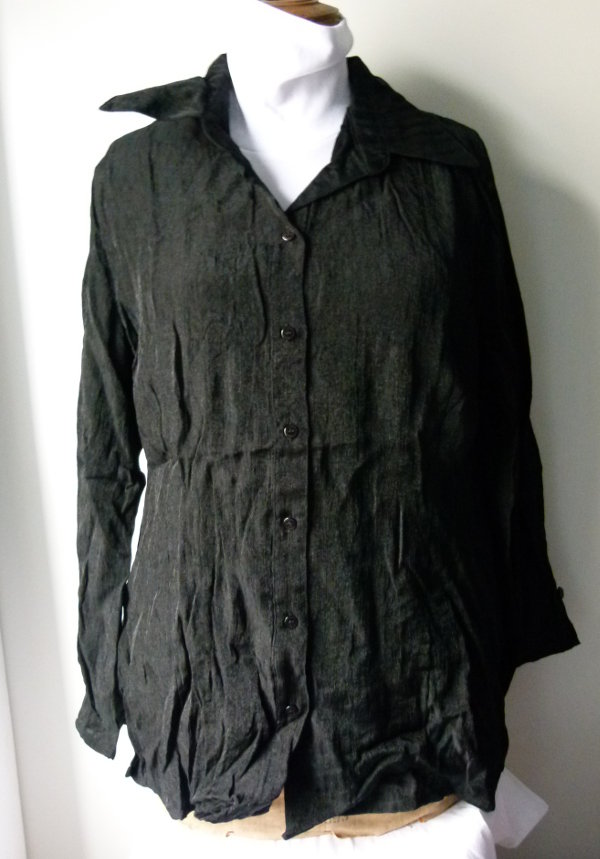 Hemdenbluse Bluse Jacke aus schwarz glänzendem Crash-Stoff, Gothic Boho Goa Festival Festlich Mori