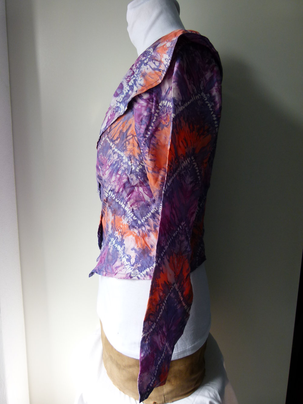 Tye Dye Seiden Bluse, lila orange weiß Batik, Sommer Goa Hippie Boho Festival