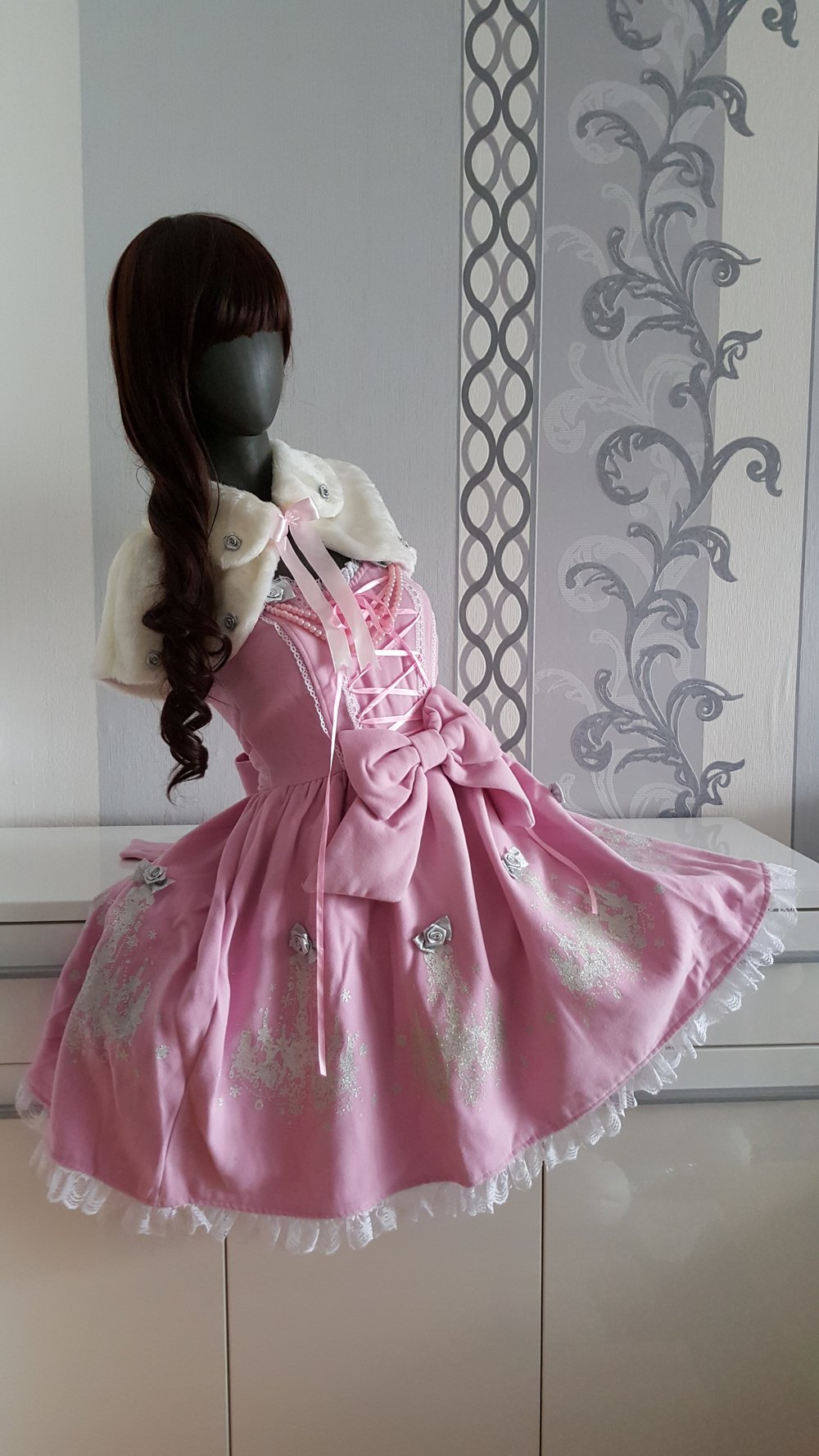 Chandelier Winter Herbst Lolita Cosplay Rosa Weiß Jäckchen Perlen Schleifen Rüschen M 38 evtl S 36