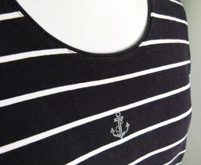 Maritimes Stretch Shirt, dunkelblau weiß gestreift, mit Strass-Anker, Sommer Urlaub Strand Festival