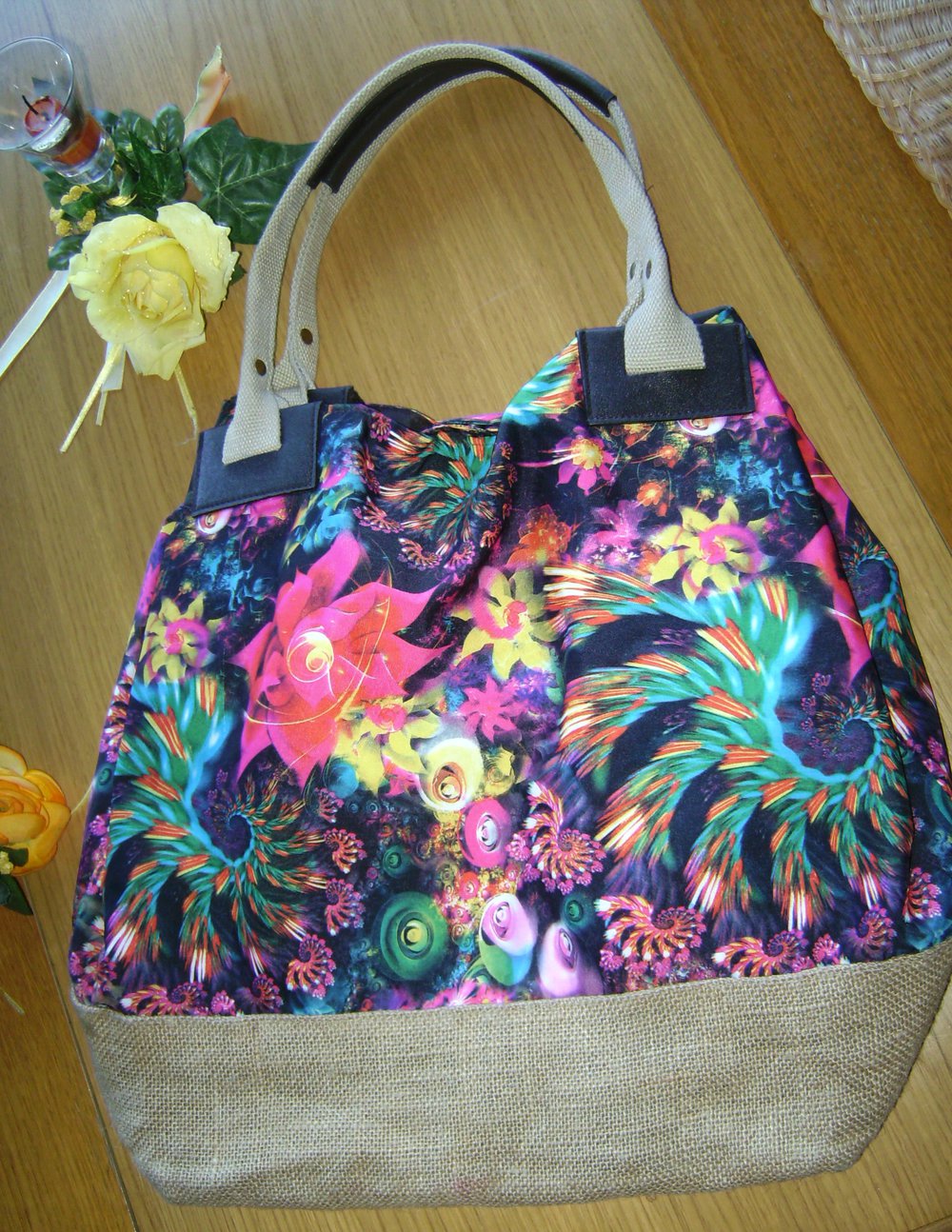 Stofftasche mit Bast, Shopper gräumig bunt, Style Festival Look, Umhängetasche Schultertasche, Strandtasche Bohemian Exotic