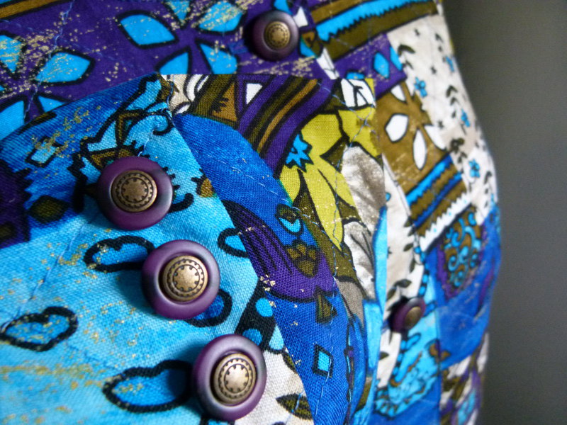 Leichte Schurwoll Steppjacke Cardigan, türkis blau grün floral gemustert, Boho Mori Lagenlook Landleben Goa Elfen Cottagecore