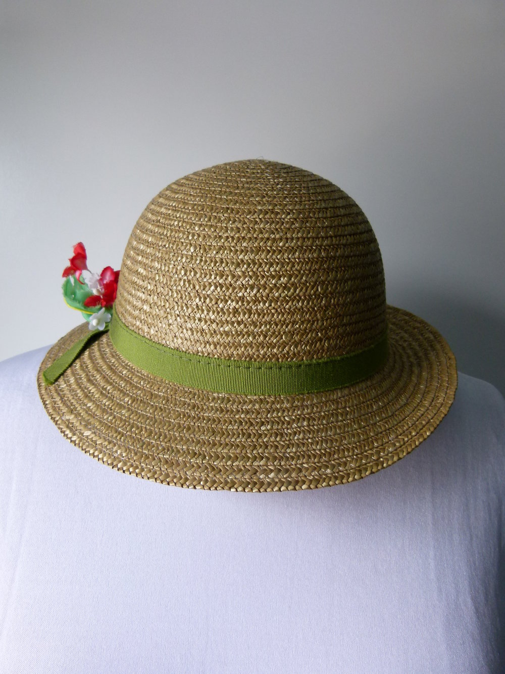 Strohhut mit grünem Band und Blümchen, Sommer Mori Boho Goa Festival Hippie Retro Vintage Cottagecore