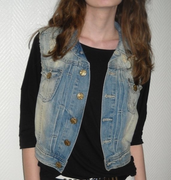 H&M Jeans Weste Nieten Studs Ombre Farbverlauf Acid moon washed Denim Jacke ärmellos XS S M 34 36 38 Used Oversized Blogger