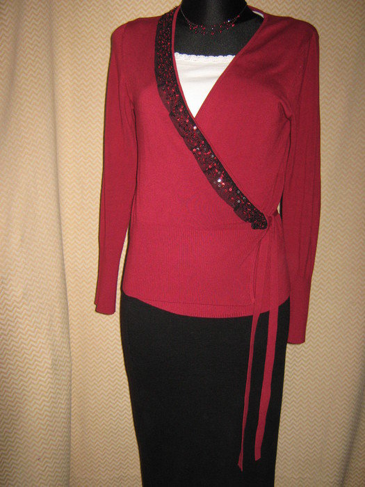 NEU * DESIGNER * Glitzer * Pailletten * Feinstrick * Wickel * Pullover * Strick- Jacke * Cardigan * Gr. 38- 40/ S- M * kirsch- rot *