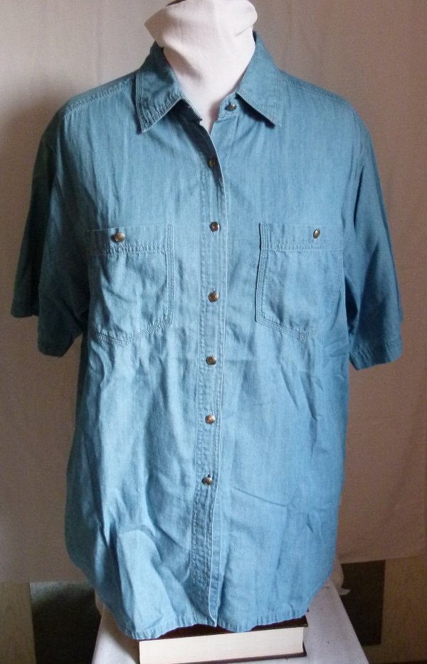 Jeanshemd Bluse, Kurzarm, mittelblau, Boho Retro Landleben