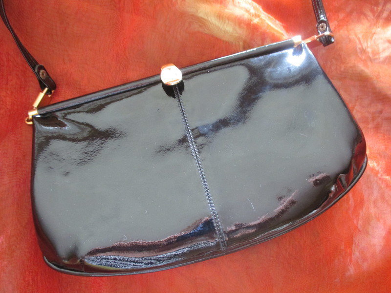 Original VINTAGE Lack- Echt- Leder Abend Clutch Hand- Tasche schwarz- gold