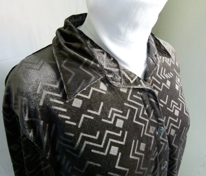 Samt Hemd Bluse, dunkelgrau anthrazit, geometrisches Muster, Boho Retro Casual Festival Goa Psy Velvet