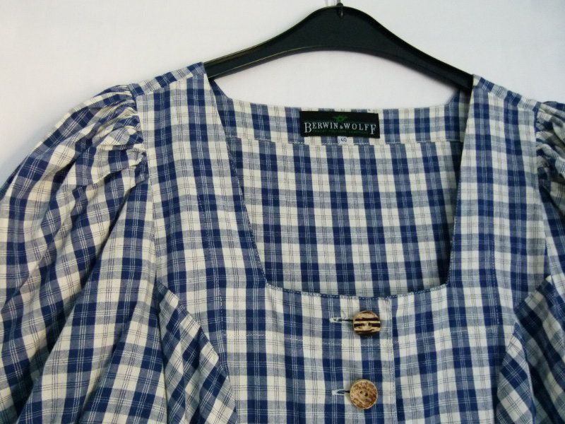 Folklore Kleid, blau cremeweiß kariert, Trachten Landhaus Boho Mori Hippie Vintage Retro Cottagecore