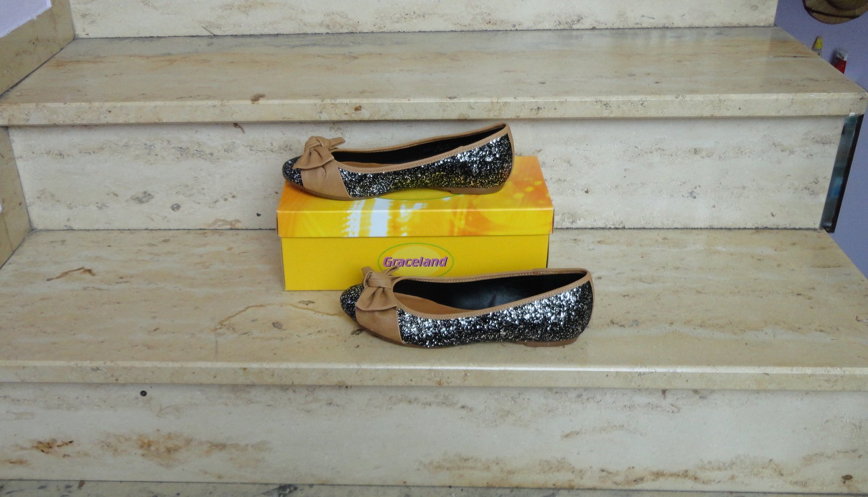 Ballerinas Glitzer schwarz braun Schleife Basic Sommer Graceland