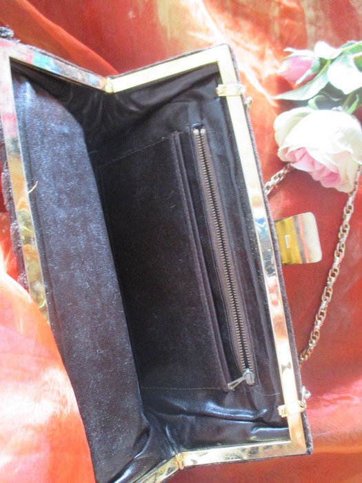 Original VINTAGE * Kroko Velours- Leder * Clutch * Tasche mit Goldkette * dunkel- braun *