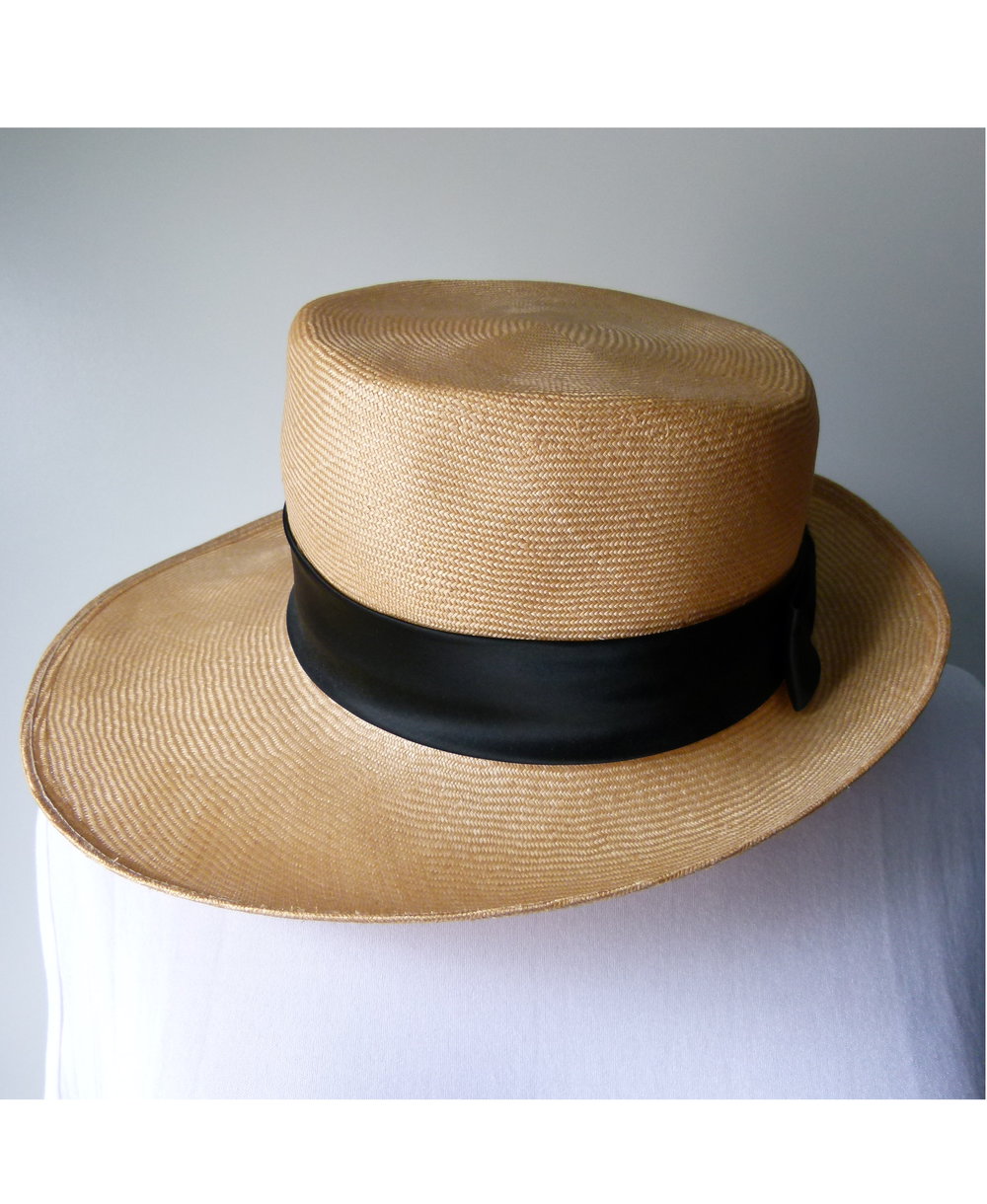 Leichter Strohhut , natur mit schwarzem Satinband, 50er Jahre, Vintage Retro Mori Goa Festival 50s Cottagecore