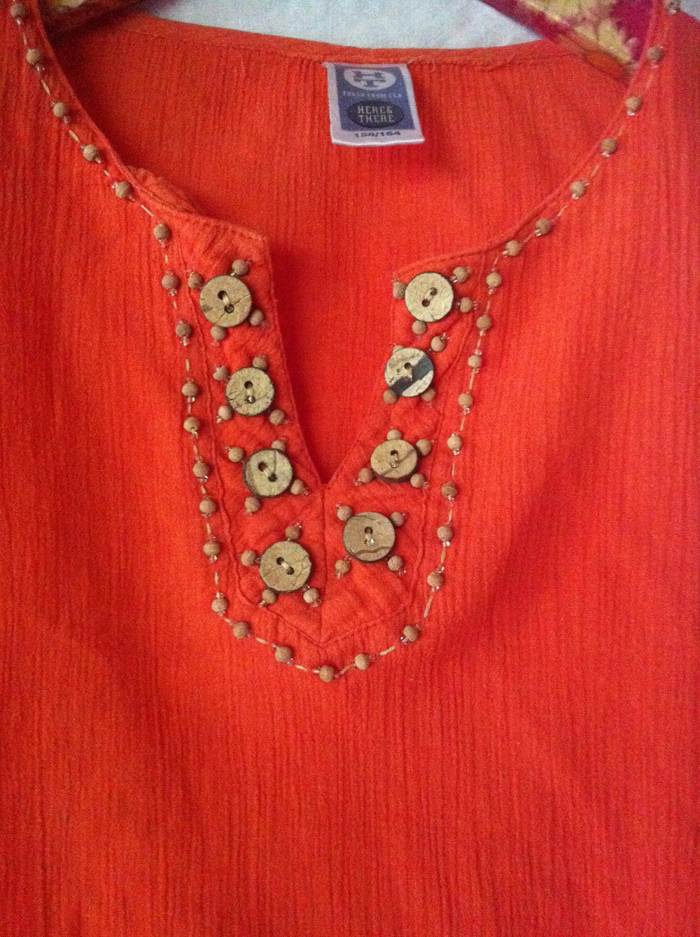 Bluse orange hippie Trompetenärmel Holzperlen bestickt 