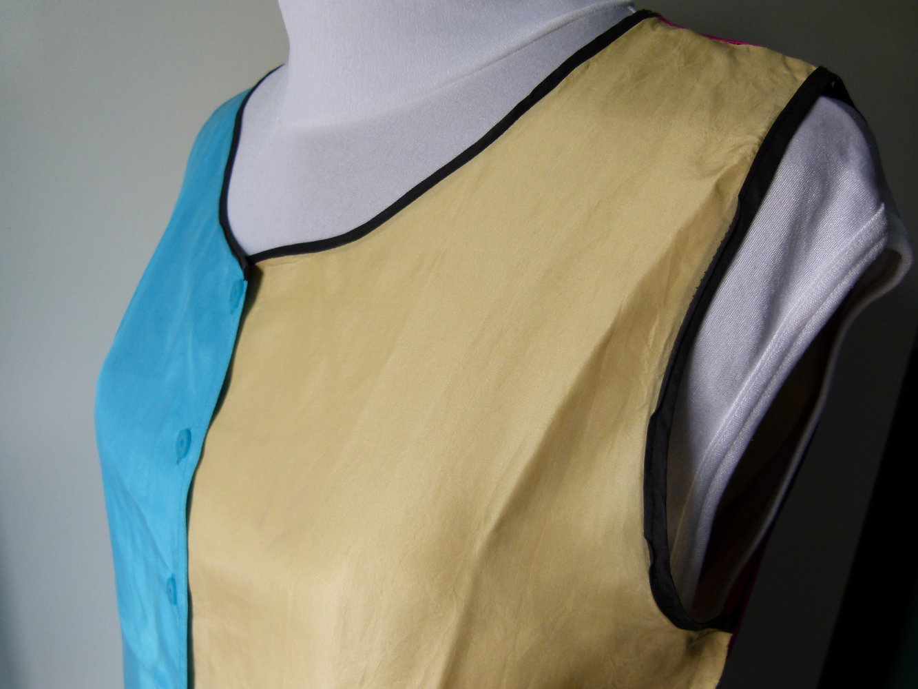 Seiden Blusentop, gelb türkis pink, aus den 80ern, Retro Vintage 80s Boho Festival Goa Hippie Colour Blocking