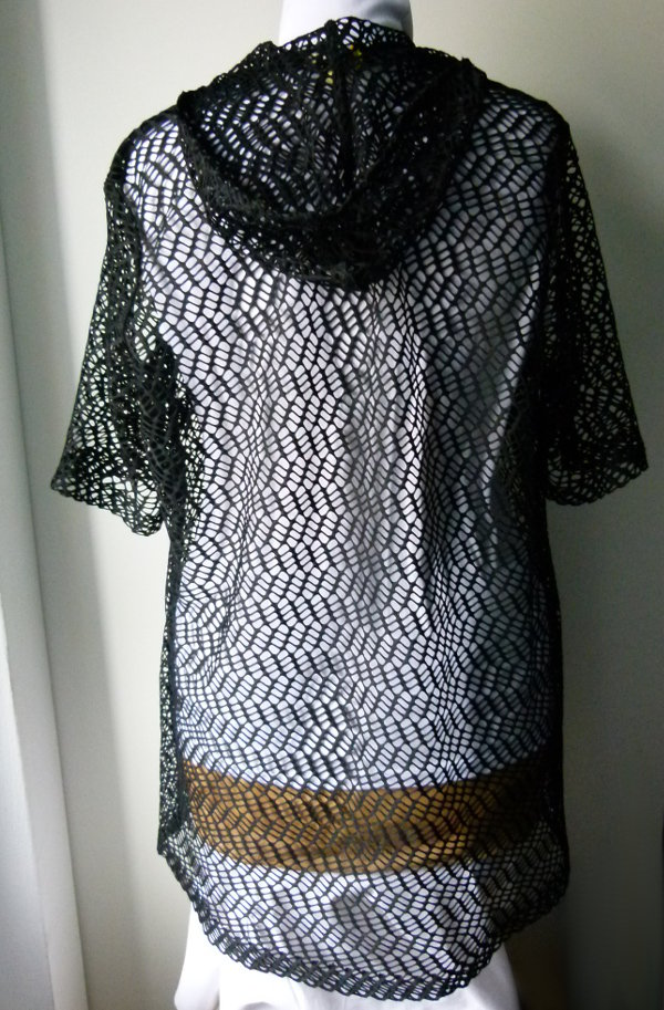 Long Kapuzen Bluse Jacke aus schwarzem Netzstoff, Gothic Boho Mori Emo Metal Alternative Grunge Lagenlook