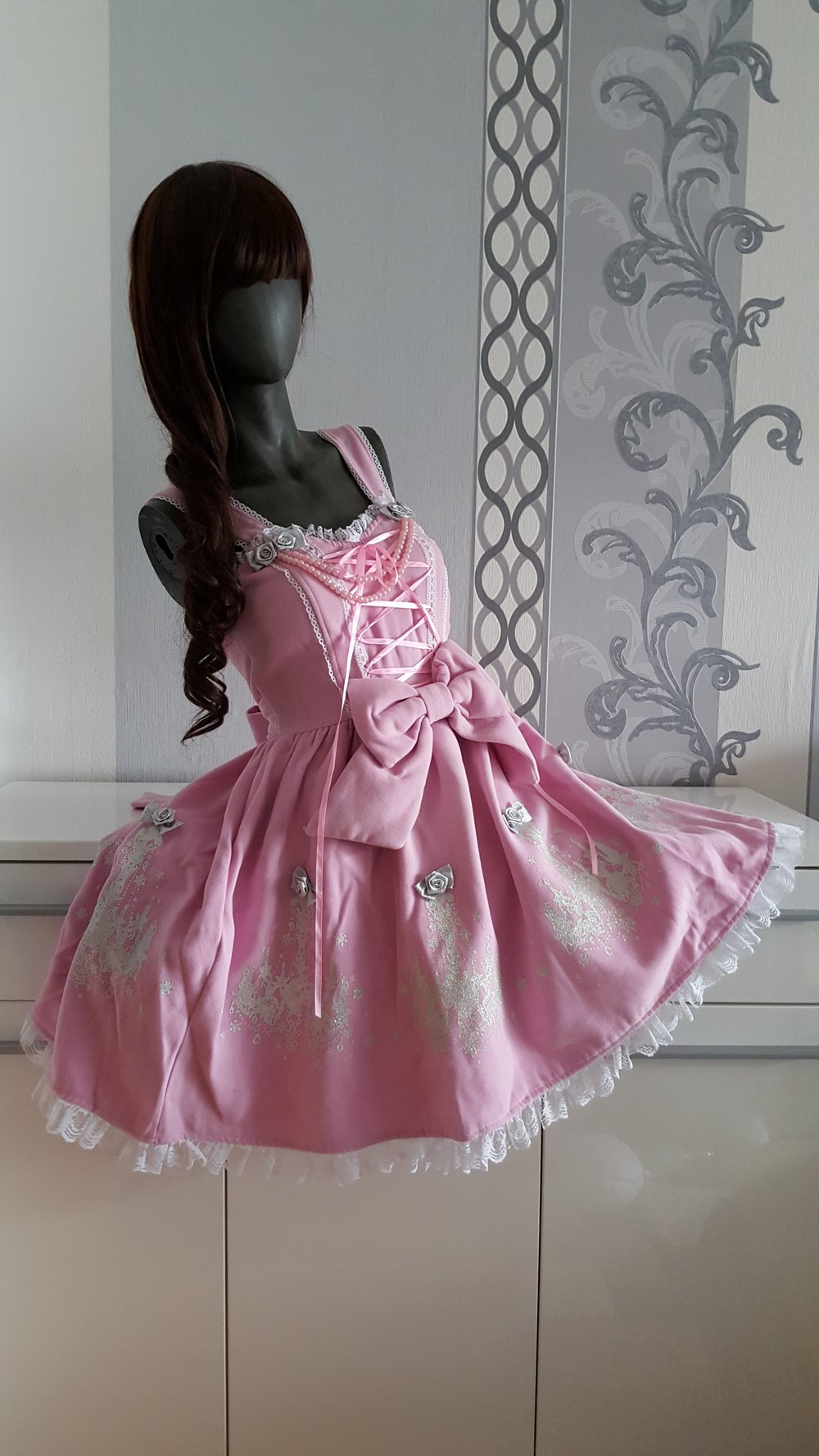 Chandelier Winter Herbst Lolita Cosplay Rosa Weiß Jäckchen Perlen Schleifen Rüschen M 38 evtl S 36