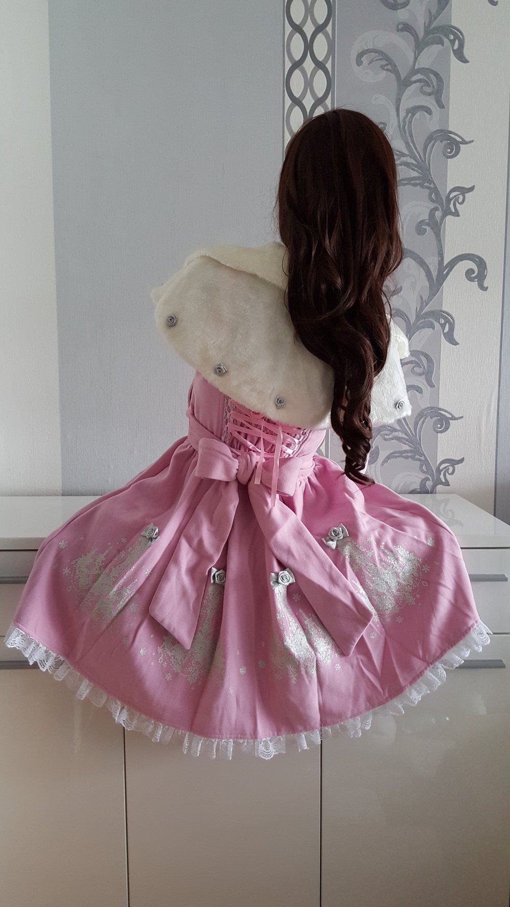 Chandelier Winter Herbst Lolita Cosplay Rosa Weiß Jäckchen Perlen Schleifen Rüschen M 38 evtl S 36
