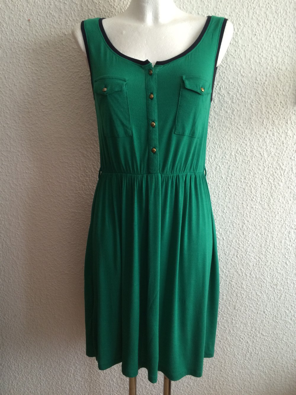 sepia Grün Jersey Sommer Träger Kleid mit Raffung & ausgestellt A Linie Stretch